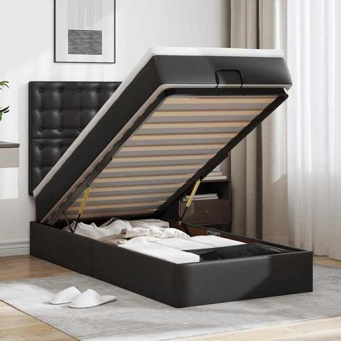 Lit ottoman - 90x190 cm - Similicuir noir - Rangement sous le lit - Mécanisme de levage hydraulique