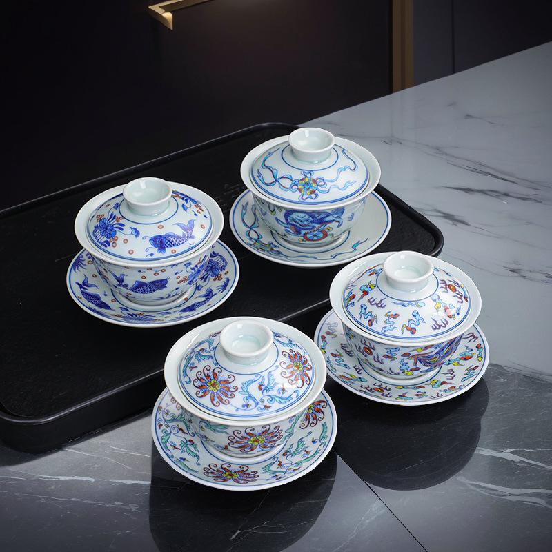 mid-glaze color blue and white porcelain large entangled lotus pot bearing cover bowl white porcelain tea set tea cup ceramic Chinese style Sancai tea