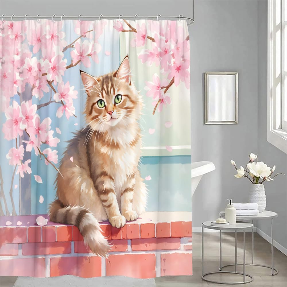 Flowers and Cat Shower Curtain Watercolor Pink Floral Cute Pet Animal Kitty Kitten Aesthetic Bathroom Decor Curtains Set with