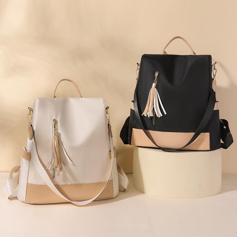 Contrast Color Backpack Women's Tassel Backpack Lightweight Large Capacity Handbag Shoulder Bag