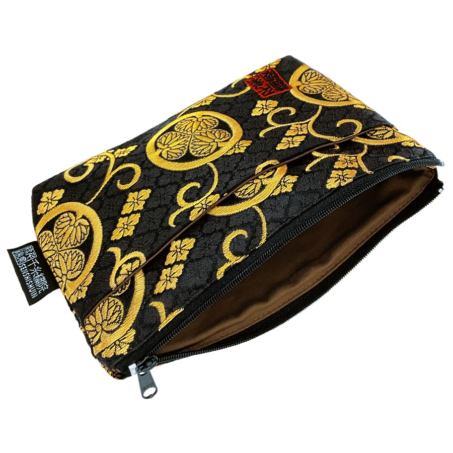 Senshishuin Nishijin Brocade Pouch with Black Hollyhock Crest (Lined) (Small)