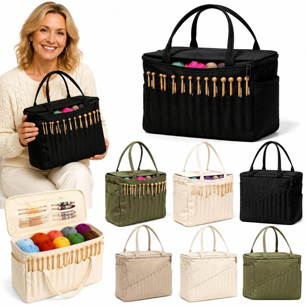 7 Yarn Holes Sewing Tool Storage Bag Multiple Pockets Crochet Accessory Handbag For Crochet Lovers