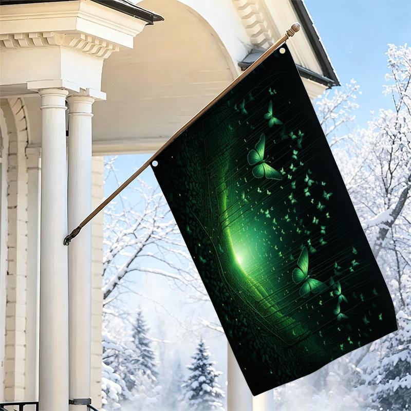 2D Flat, 1pc 2D Flat Decorative Flag, Mysterious Deep Forest Green Butterfly Flying Pattern Hanging Flag, Dreamy Natural Landscape Wall Decor Hanging