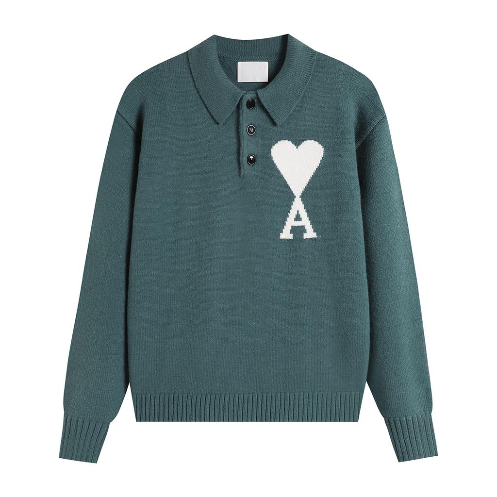 Unisex Polo Collar Knit Sweater Multi Colors with Heart & A Embroidery Casual Button Pullover for Men Women