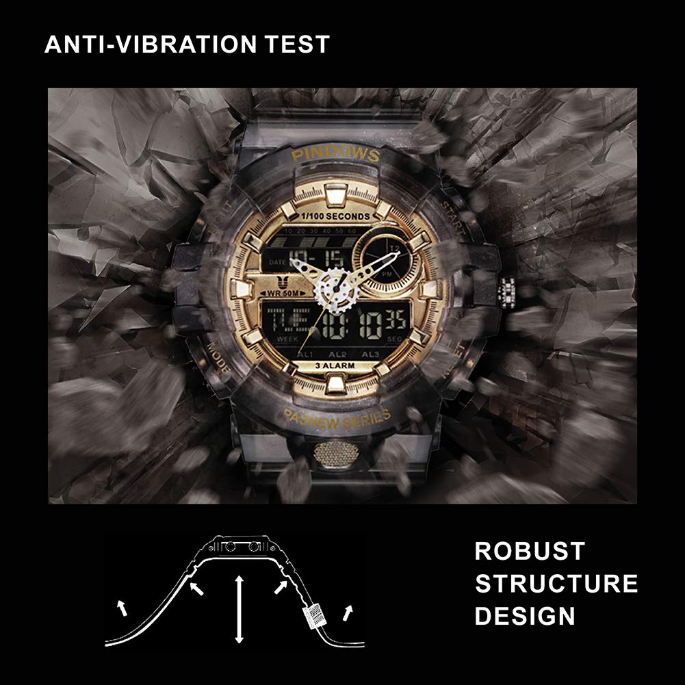 PINDOWS Military Watch Outdoor Sports Electronic Date Multifunction LED Alarm 50 Meter Water Resistant Analog Digital Display Watch Men's Watch, Men's