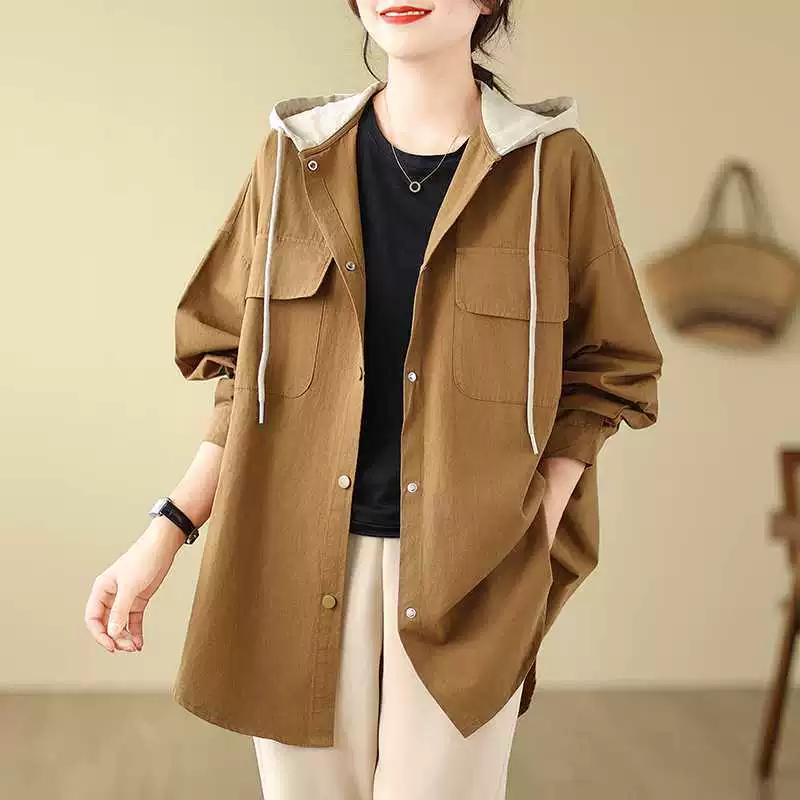Casual Hooded Windbreaker Shirt Jacket Women's Loose Mid-length Blouse Hoodie