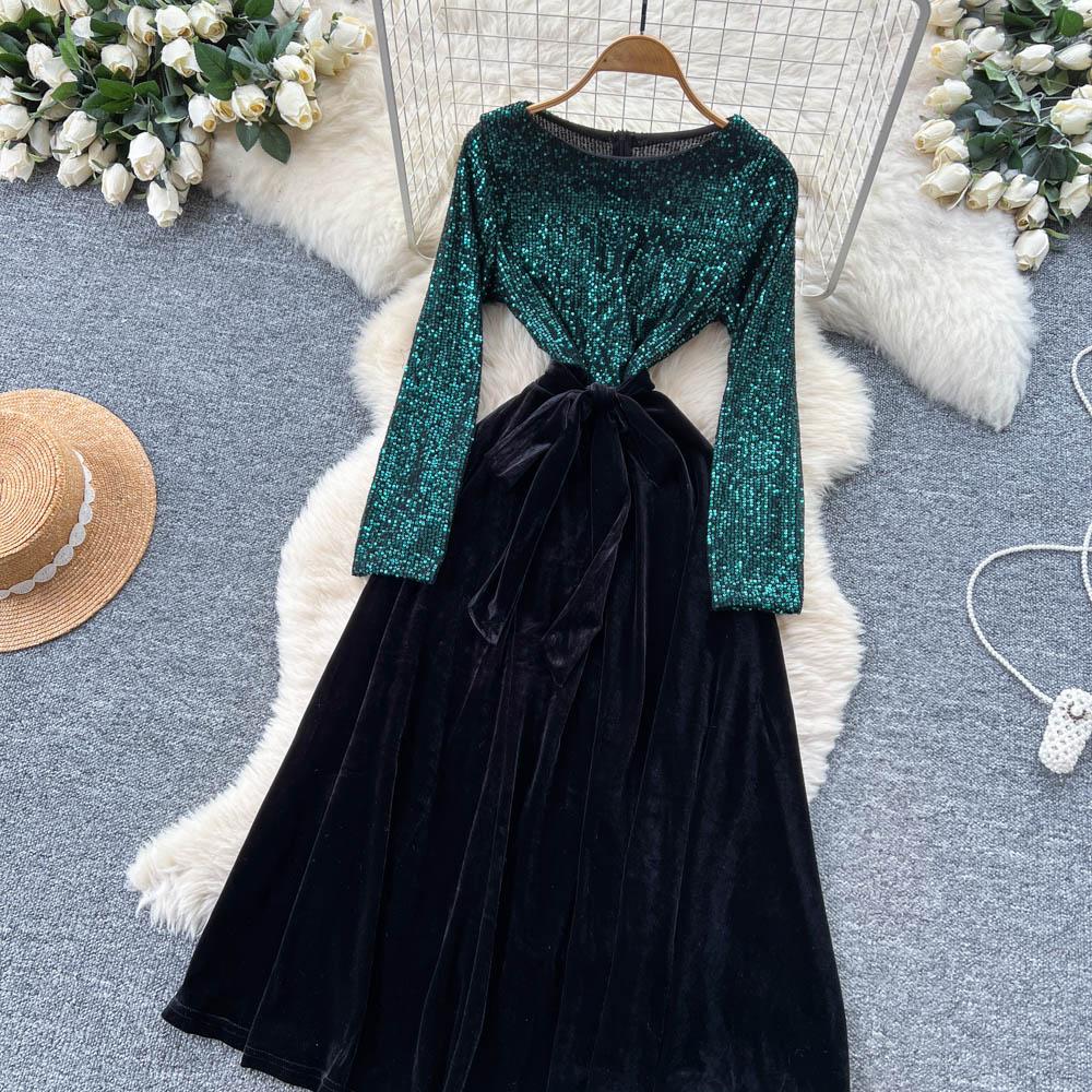 Шикарный Винтажный Велюровый Элегантный Наряд Феи с Длинным Рукавом Корейская Мода Осенняя Мода Платья Женская Одежда