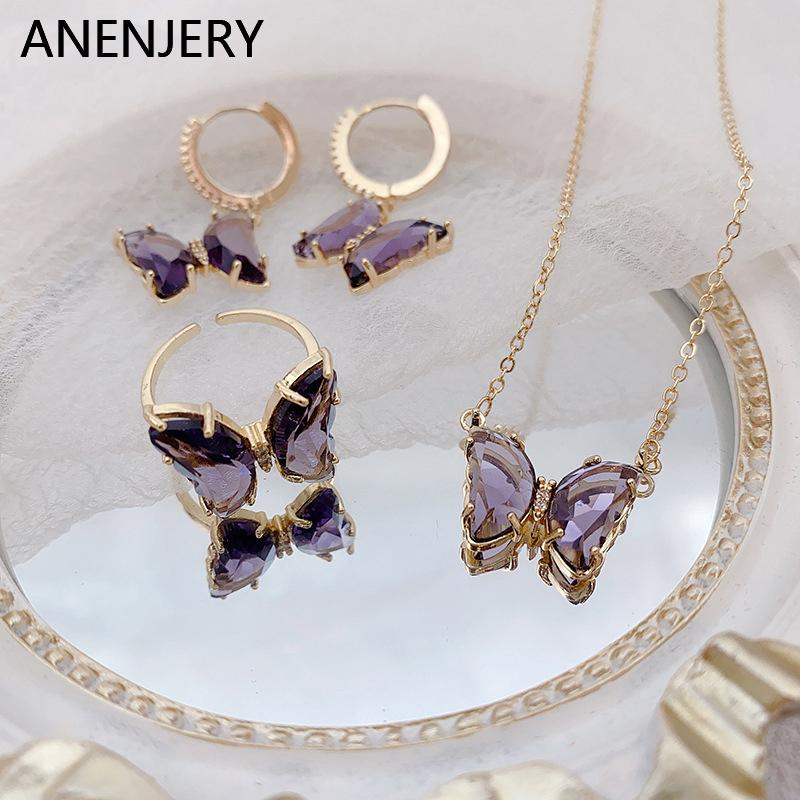 ANENJERY Продажа серьги-бабочки, модное кольцо, ожерелье для женщин, комплект ювелирных изделий, подарок