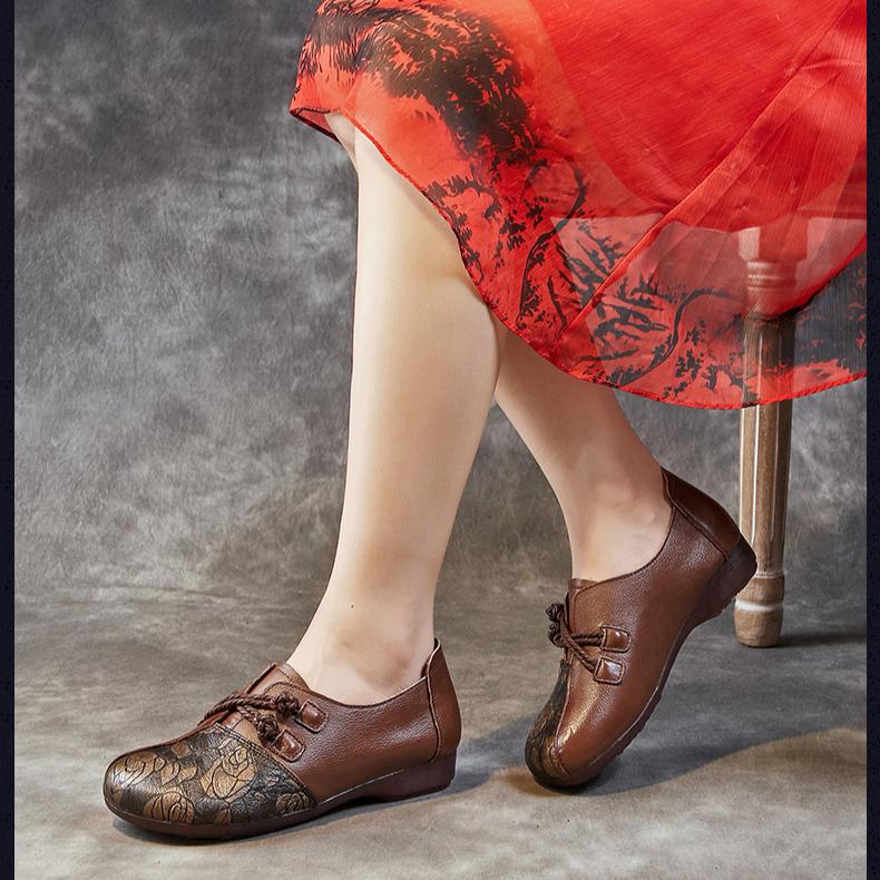 Johnature Туфли из натуральной кожи на мягкой подошве в этническом стиле, женские туфли без шнуровки на плоской подошве с круглым носком и принтом в стиле ретро