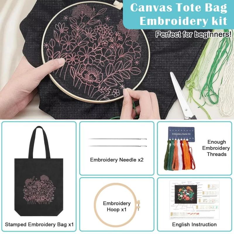 Пяльцы Инструкции по шитью Нитки Набор для вышивания Цветочный узор Холщовая сумка-тоут