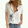 Женская мода, топ с воротником с лацканами, летние и осенние блузки с принтом, женская футболка с короткими рукавами, хлопково-льняной кардиган, футболка