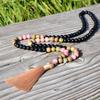 108 Mala Beads Long Necklace Boho Style Tassel Pendant Natural Stone Rhodochrosite Unakite Black Onyx Handmade Zircon Gift