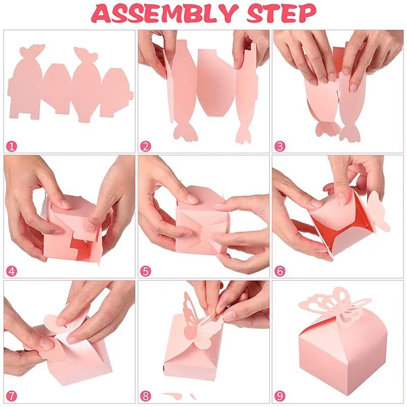 50шт Розовая бабочка с узором Свадебная вечеринка Подарочные коробки Лента Сумки для конфет