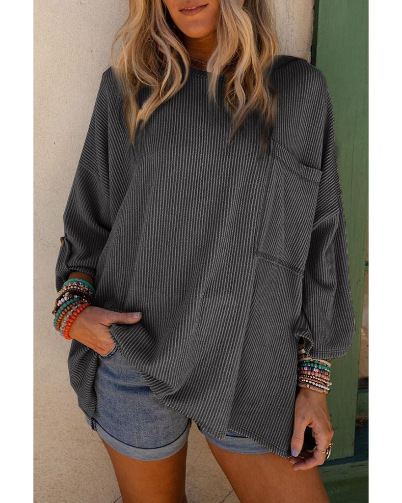 Azura Exchange Dark Gray Ribbed Roll-tab Sleeve Chest Pocket Oversize Top