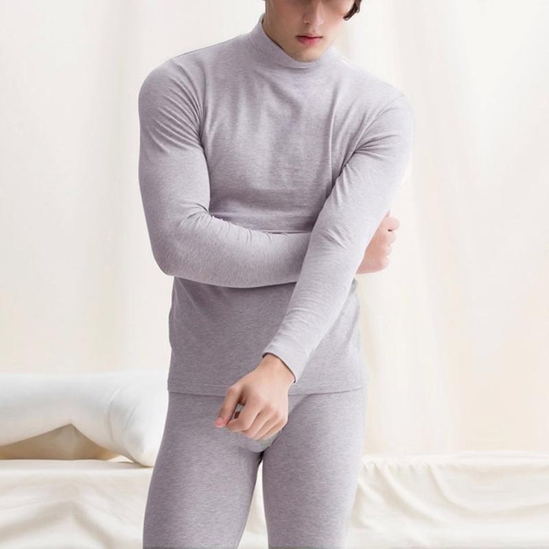 Men Sleeve Velvet Cotton-blend Underwear High Collar Thermal Underwear Set