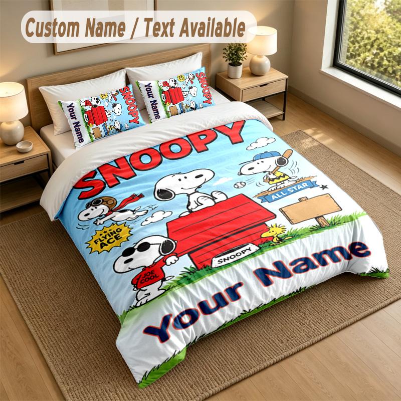 3Pcs Bedding Set Custom Name Text, 1 Sheet 2 Pillowcases Home Bed DecorSnoopy Peanuts
