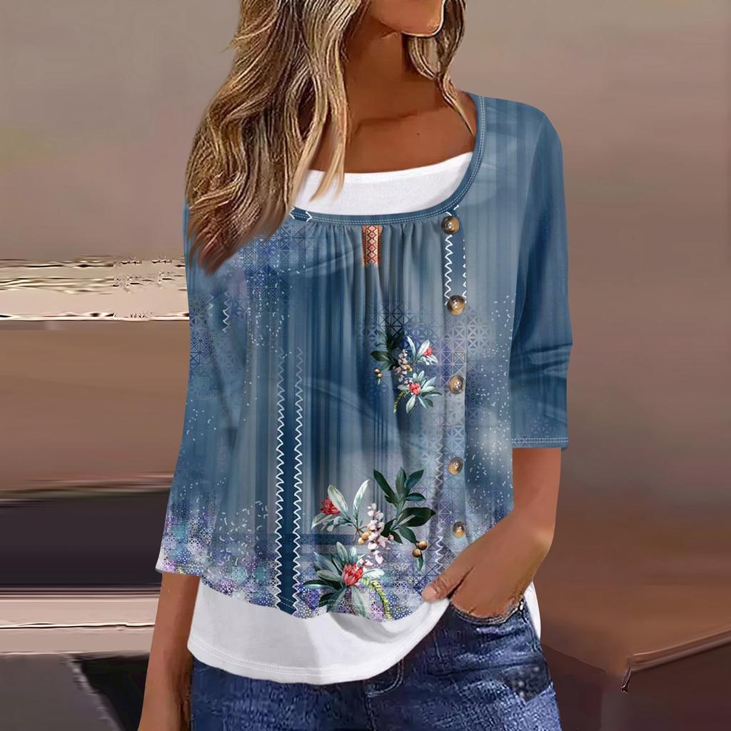 Women's T Shirt Tee Print 3/4 Sleeve Fake Two Pieces Daily Weekend Fashion Basic Regular Top