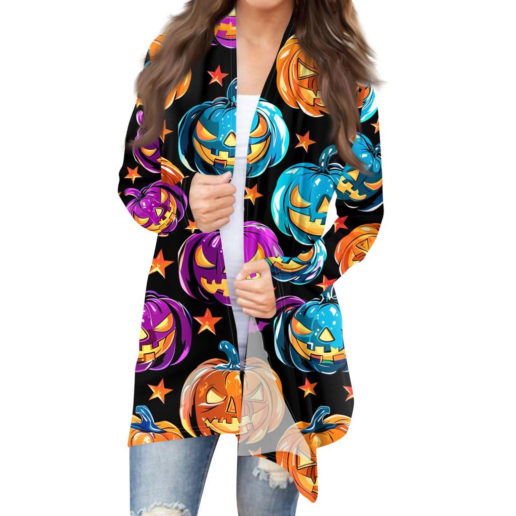 Женская модная повседневная куртка-кардиган средней длины с принтом на Хэллоуин и нерегулярным подолом