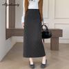 Korean Style Autumn Winter Women Straight Skirt High Waist Gray Black Polka Dot Woolen Split Skirt Thick Warm Fleece Midi Wool Skirts Womens