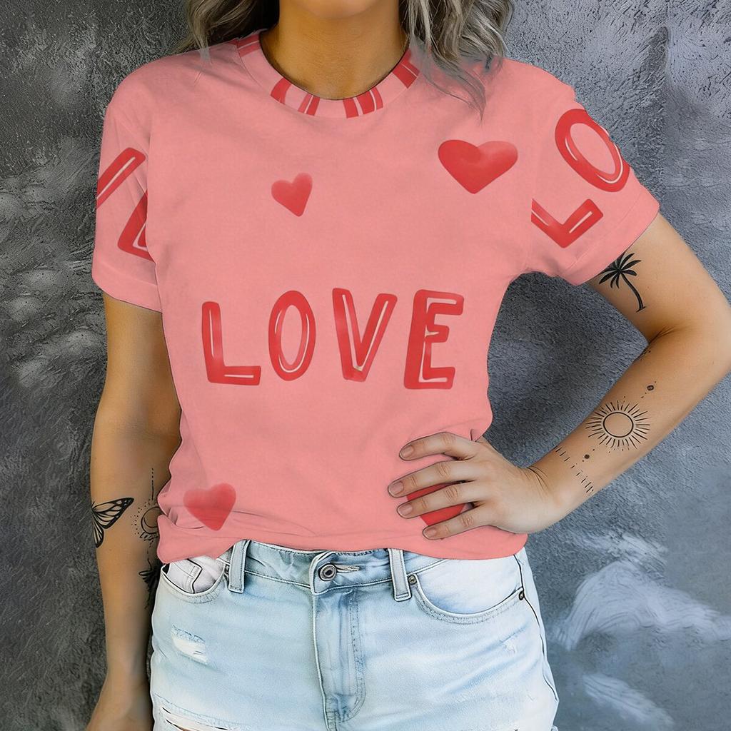 Simple and personalized love letter print summer women's round neck short sleeved T-shirt fashionable and versatile daily top
