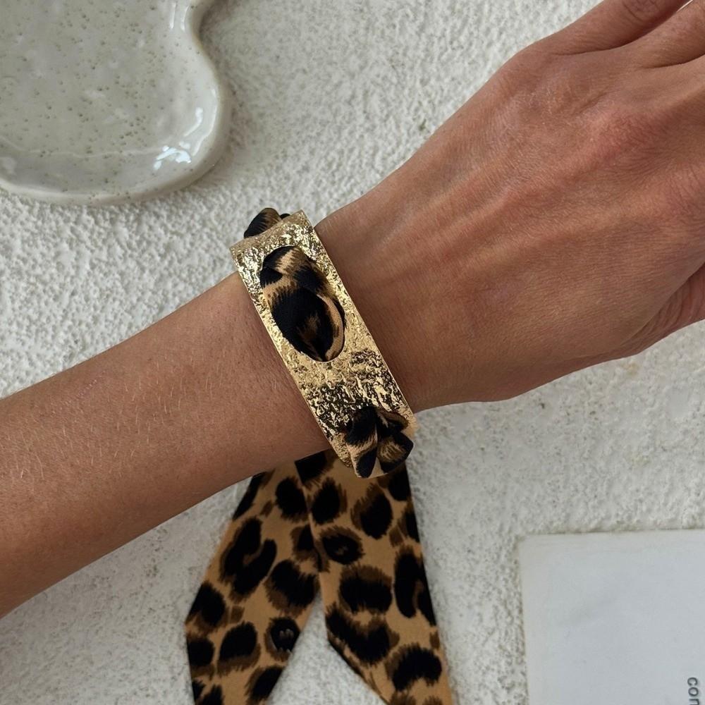 Polka Dot Ribbon-Wrapped Metal Wide Bracelet Leopard Print Silk Scarf Bracelet Cuff Bangle Women