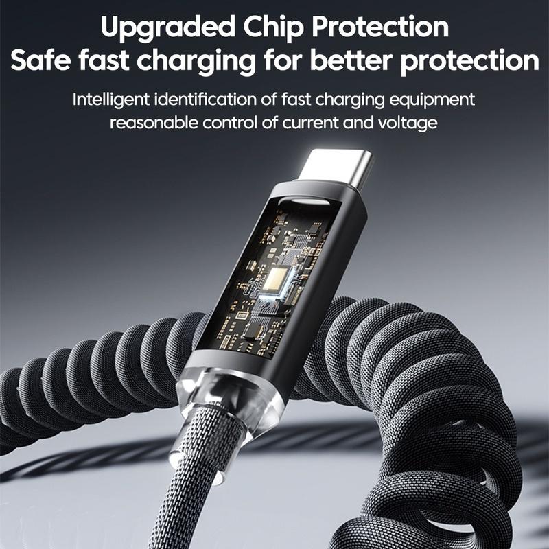 120W Type C Cable Digital Display Car Spring Charging Cord Retractable USB C To Type C Fast Charging Cable for iPhone 17 Xiaomi