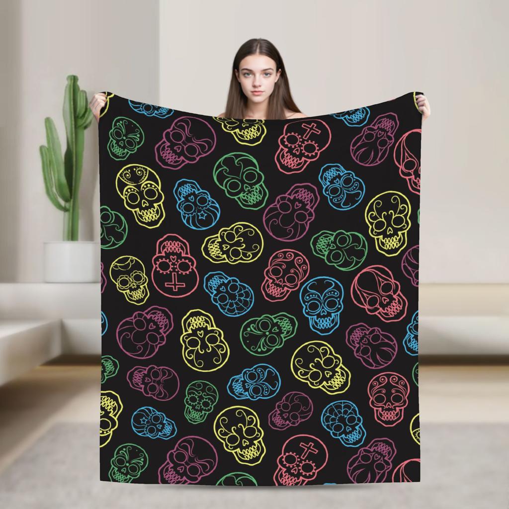 Sugar Skull Day of the Dead Blankets Gothic Mexican Skeleton Halloween Flannel Funny Warm Throw Blankets for Home Spring/Autumn