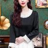 Small Fragrant Style French Wood Earrings Round Neck Top for Women Long Sleeves Spring New Beaded Satin Shirt Temperament Small Shirt