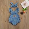 Breathable Baby Girls Outfit, Infant Summer Creative Rainbow Embroidery Fly Sleeve Lace Decoration Denim Romper + Headwear Set