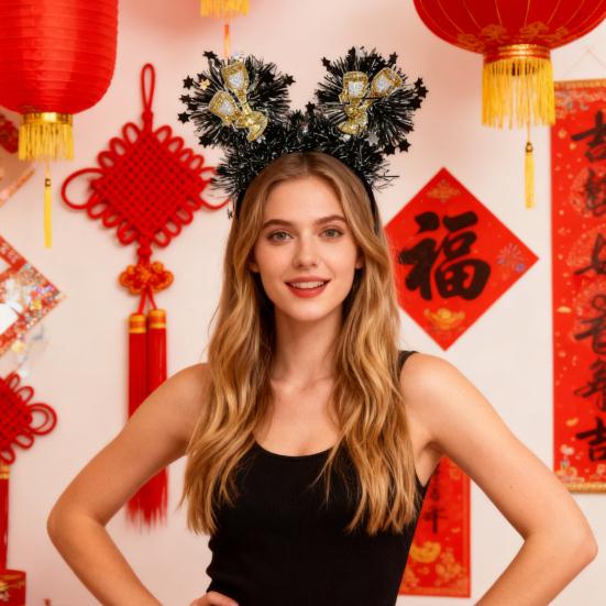 2026 New Year Headband with "Happy New Year" Letters Glitter Tinsel Hairband with Wine Glass Hat Party Headwear for Countdown Celebration