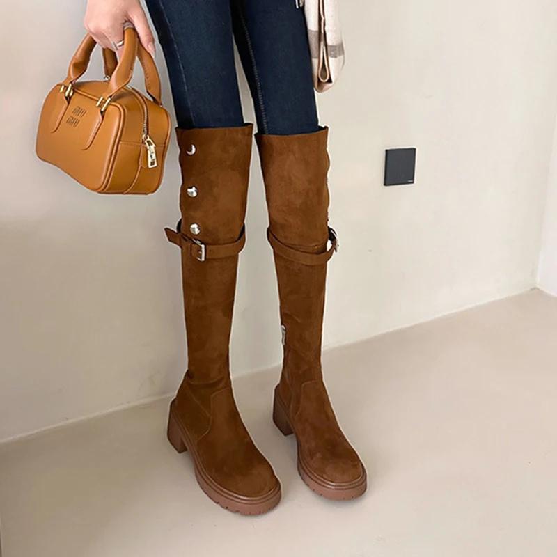 Retro Over The Knee Cowboy Boots Women Autumn Platform Shoes Fashion Suede Thigh High Knight Boots Chunky Heel Motorcycle Botas