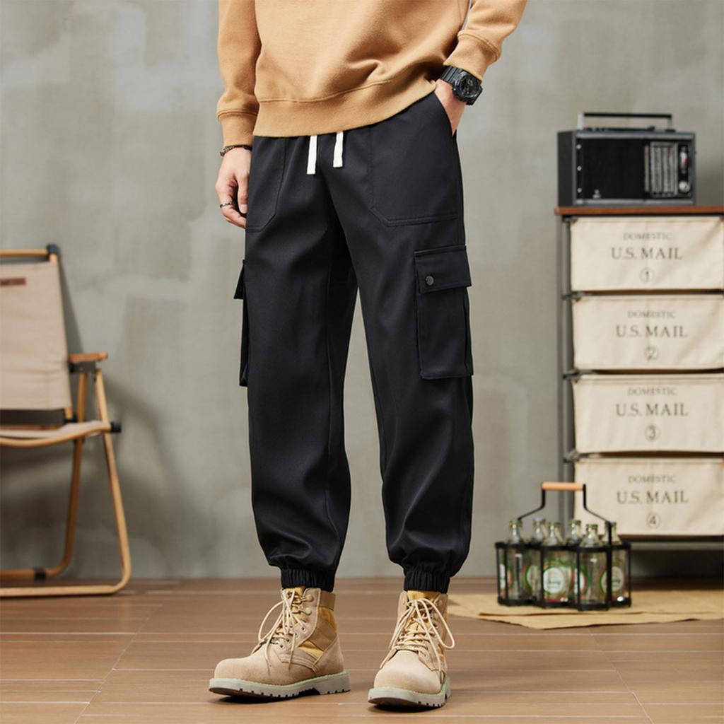 Men's Solid Color Overalls Loose Fitting Drawstring Pants Trendy Multi Pocket Casual Pants