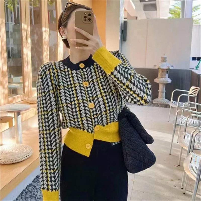 Кардиган женский осенний новый свободный вязаный кардиган с круглым вырезом в клетку «Тысяча птиц» с длинными рукавами, однобортный свитер, куртка