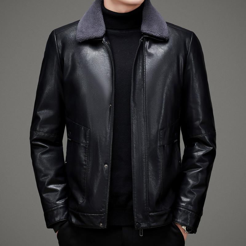 Leather Jacket Men's Genuine Leather Casual Plus Velvet Thickened Short Jacket Lapel Down Jacket Winter