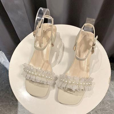 Сказочные сандалии с жемчугом женские лето 2025 новая мода толстый каблук пряжка с юбкой инс тренд