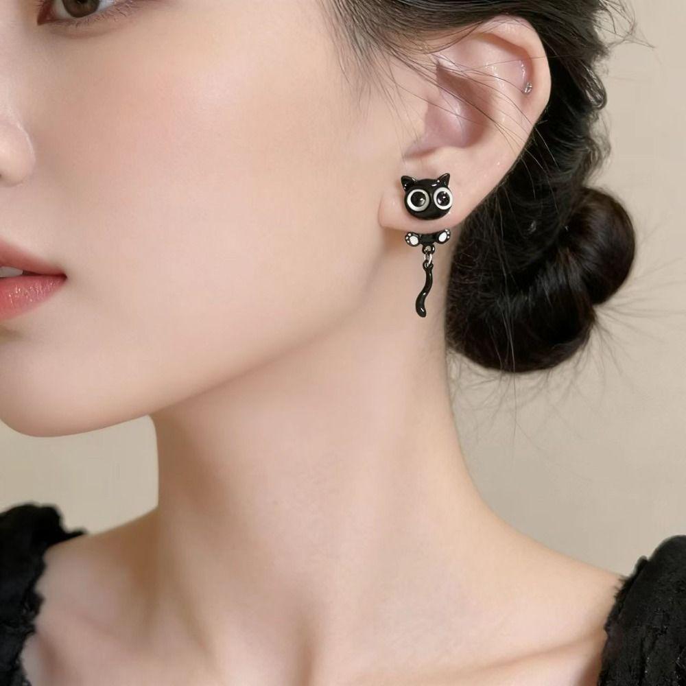 Sweet Black Cat Drop Earrings Alloy Light Luxury Earrings Black Kitten Earrings For Girl Women