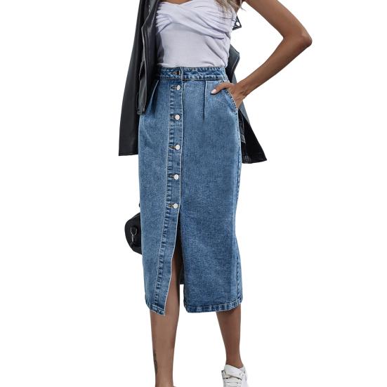 Юбка-карандаш с запахом на бедрах, однобортная, наклонные карманы, разрез спереди, модная высокая