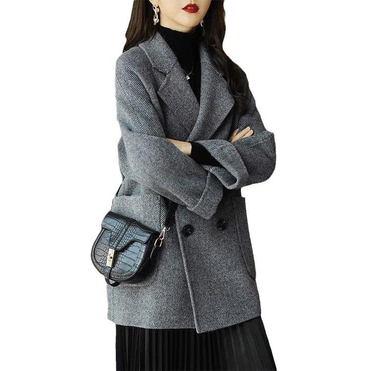 FASHION2024  winter new herringbone pattern loose thin foreign style small man versatile woolen medium long coat women's fashion