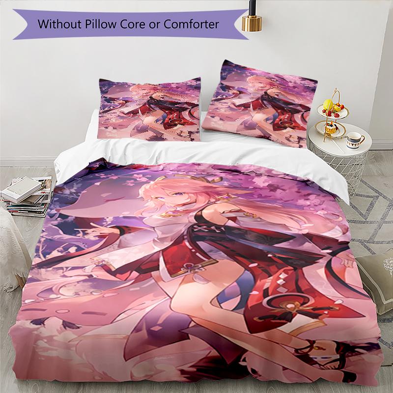 3pcs Genshin Impact characters4 pattern bedding set duvet cover set includes duvet cover &pillowcases, perfect all season bedroom decoration & gift