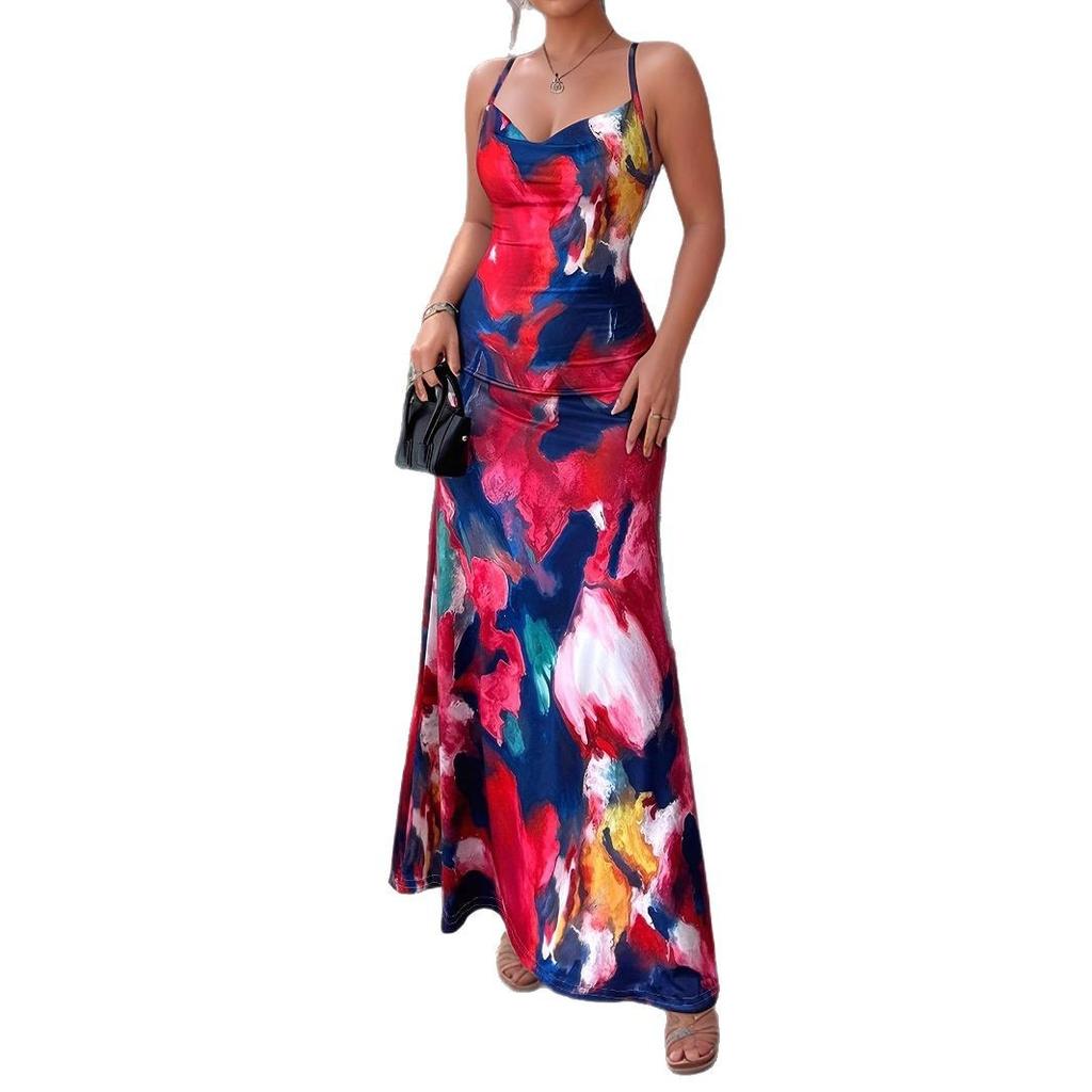 Весенне-летнее женское горячее платье для девушек с открытой спиной и сексуальным принтом на бретелях через шею