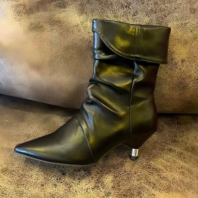 Версия из коровьей кожи~ Французский нишевый темперамент, сложенный острый носок, тонкий каблук, ковбойские сапоги в западном стиле, женские осенне-зимние новые модные короткие сапоги