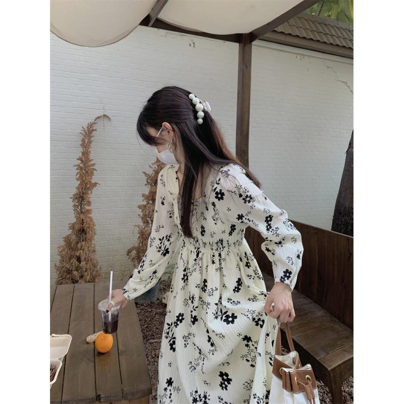 Women's Floral French-Style Slim Long Dress - Autumn/Winter 2022