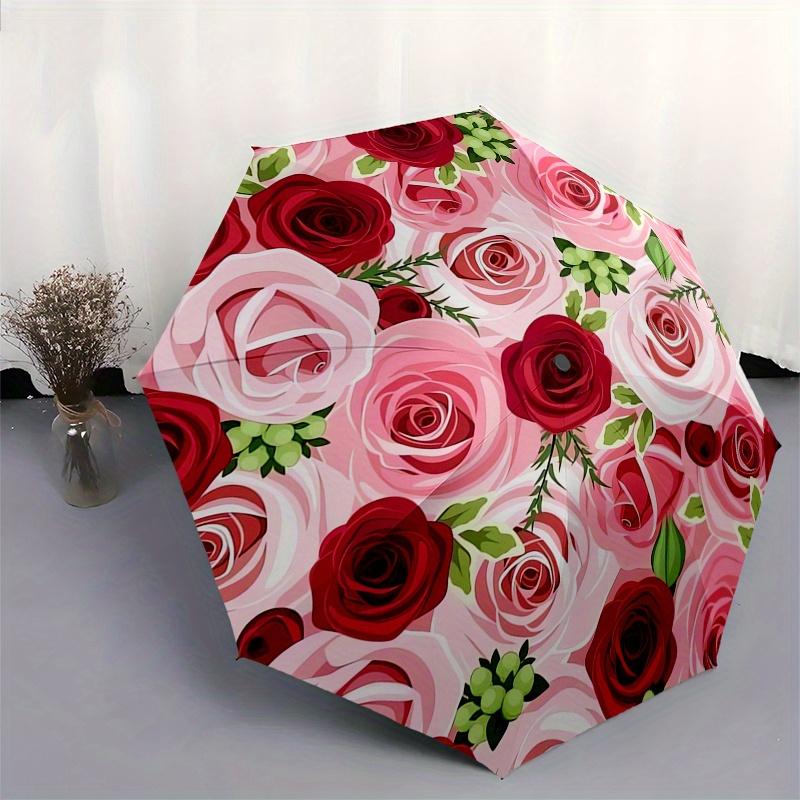 Roses,Floral Themed Automatic Folding Umbrella 8 Ribs Durable Iron Frame, Vibrant Color Design, Compact Travel Umbrella for Beach, Outdoor