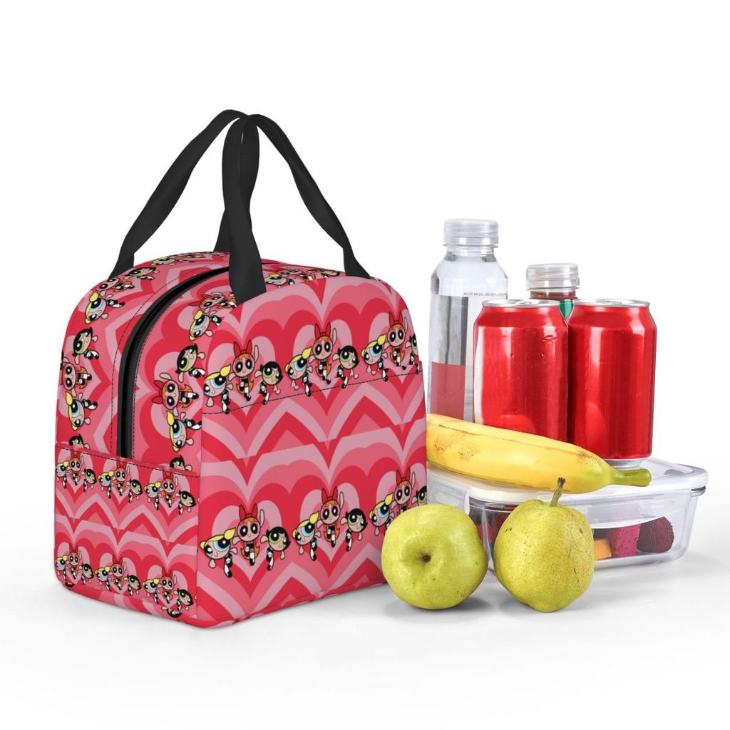 Cartoon Cute P-Powerpuff Girl Insulated Lunch Bag for Women Kids Leakproof Food Boxes Thermal Lunch Box Tote