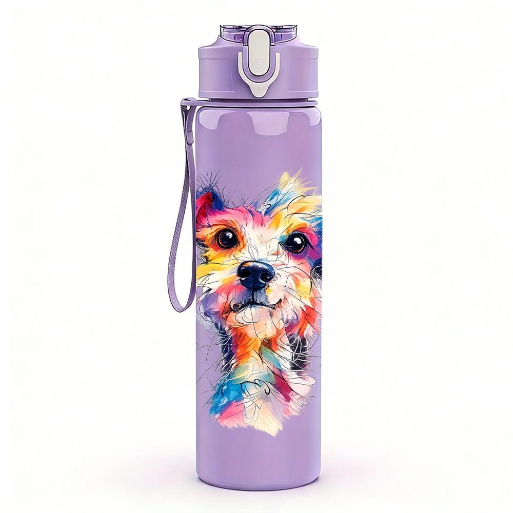 1PC Colorful Watercolor Dog Portrait Print 750ml Color Plastic Sports Water Bottle Leakproof Flip Straw Lid Suitable for Sports Office Home Use