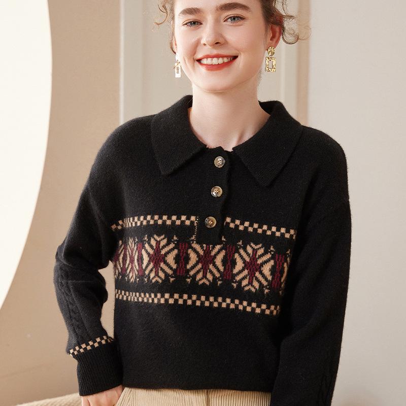 Women's Light Luxury Cashmere Polo Neck Sweater - Loose Fit Wool Knit Pullover