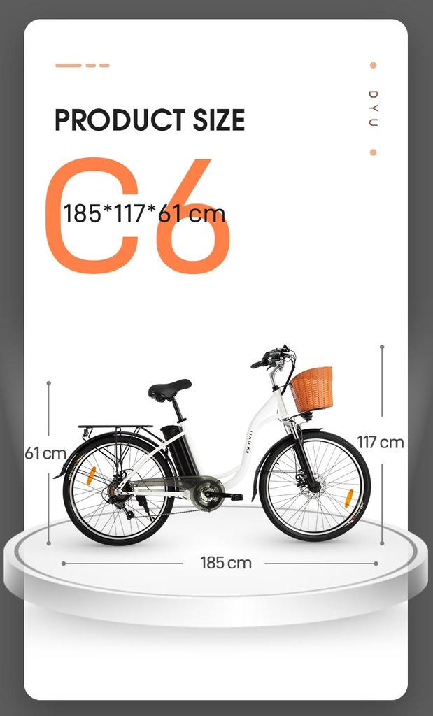 DYU C6 36V 350W Electric Bike - 80km Pedal Assist, Steel Frame & 26" Wheels for Long-Range Commuting