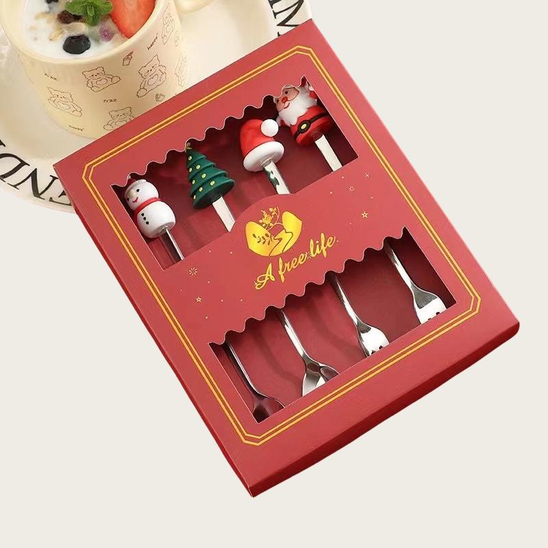 4/6pcs Gold Silver Spoon Fork Set Merry Christmas Coffee Tea Spoon Dessert Fork  Birthday Gift