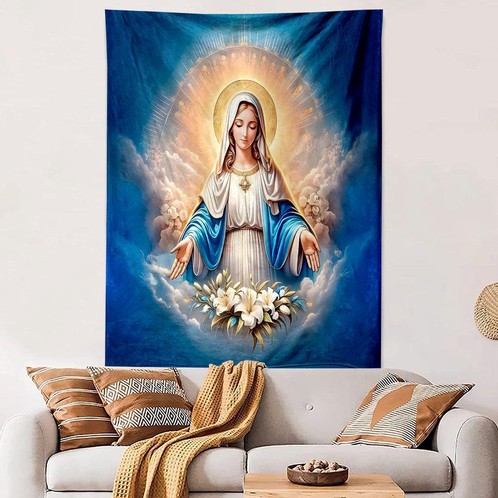 Holy Virgin Mary with Lilies and Halo Patterned tapestry home decor, suitable for bedroom and living room, gift