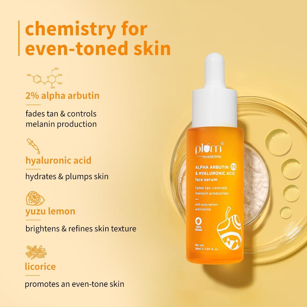 Plum 2% Alpha Arbutin & Hyaluronic Acid Face Serum 30 ml Pack | Brightens Skin | Fades Tan | Hydrating Serum